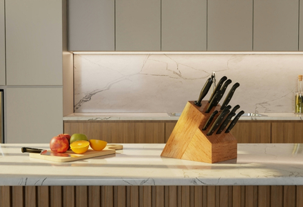 kitchen worktop with knife block and fruit plate